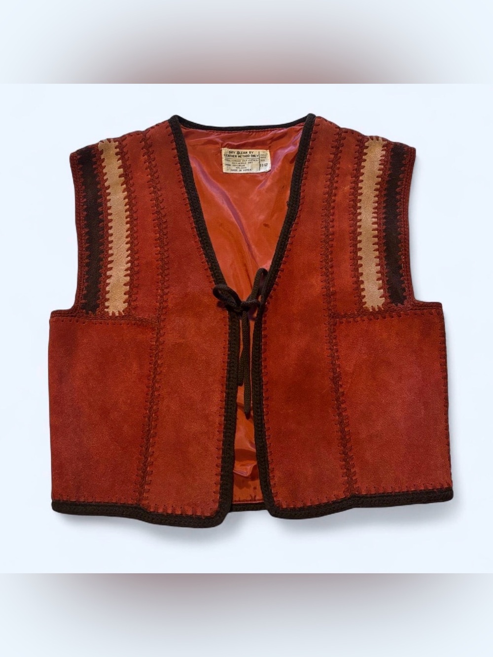 Vtg 70s Rust Suede Patchwork Vest Tie Front Crochet Whipstitch Boho Western S/M